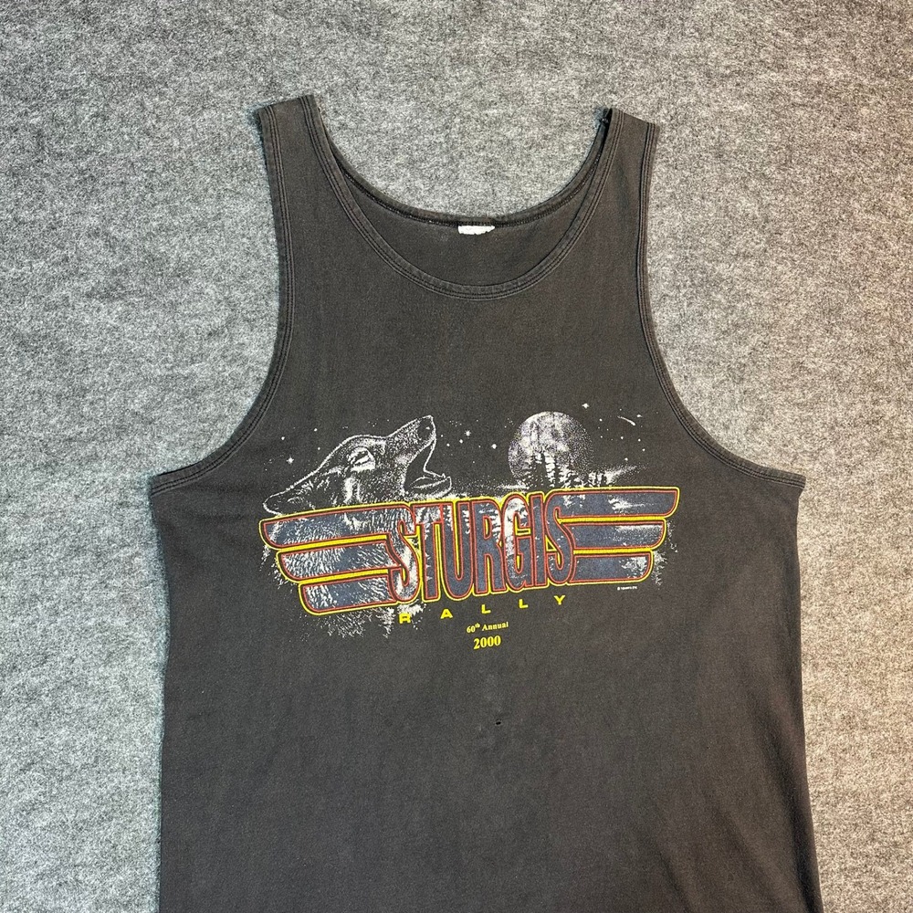 Vintage 2000 Sturgis‎ Rally Motorcycle Wolf Moon Graphic Tank Top Mens
